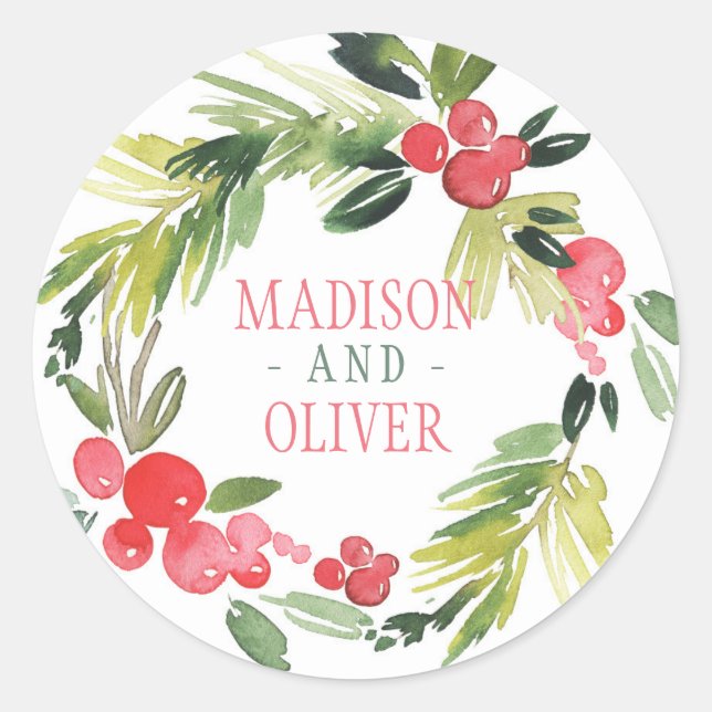 Winter Floral Watercolor Wreath  | Wedding Classic Round Sticker (Front)