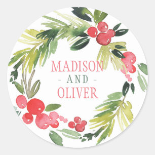 Winter Floral Watercolor Wreath Wedding Classic Round Sticker