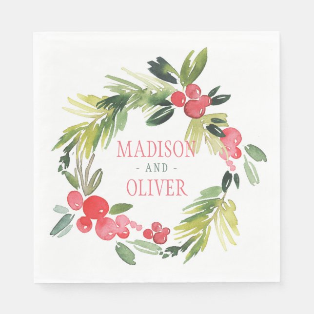 Winter Floral Watercolor Wreath  | Wedding Napkin (Front)