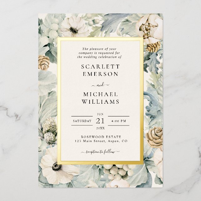 Winter Floral Wedding Foil Invitation (Front)