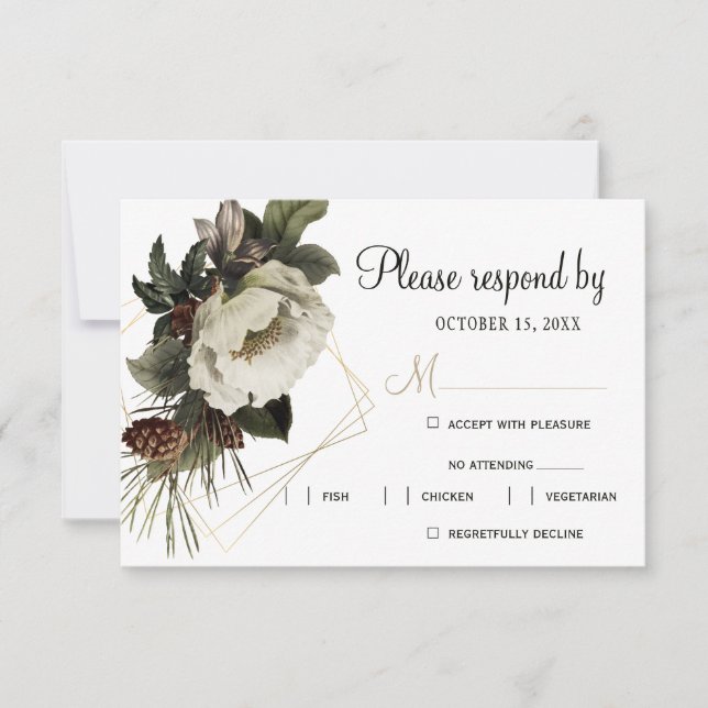 Winter floral wedding meal options modern RSVP card (Front)