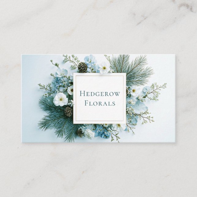 Winter Floral White and Blue Pine Cone Gold Frame Business Card (Front)