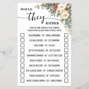 Winter Floral Would They Rather Shower Game Card