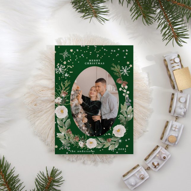 Winter Floral Wreath Photo Happy Holiday Card (Creator Uploaded)