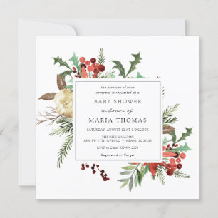 Winter Florals and Evergreen Baby Shower Invitation