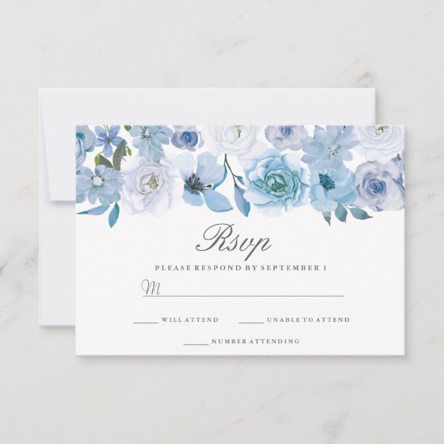 Winter Florals: Elegant Blue White Wedding RSVP (Front)