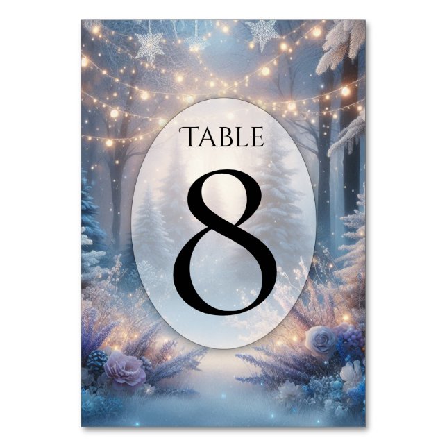 Winter Florals in Frosted Pines Wedding Table Number (Front)