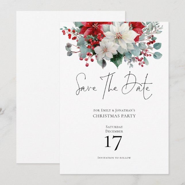Winter Florals Poinsettia Christmas Save the Date Invitation (Front/Back)