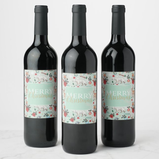 Winter Florest Animals Christmas Pattern Wine Label (Bottles)
