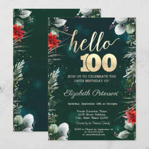 Winter Flower Poinsettia Green 100th Birthday Invitation