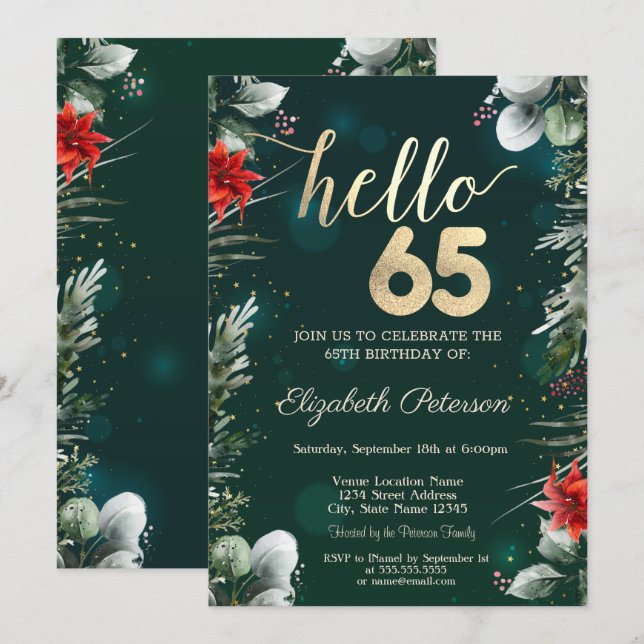 Winter Flower Poinsettia Green 65th Birthday Invitation (Front/Back)
