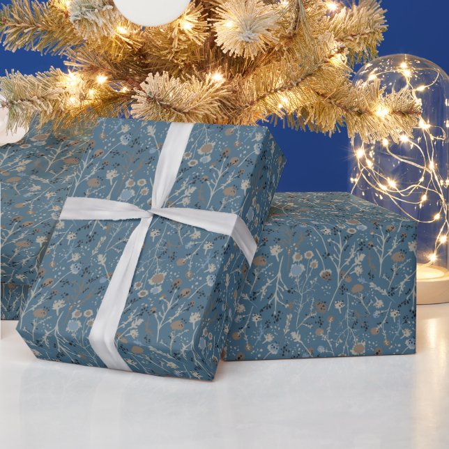 Winter Flowers Blue Wrapping Paper (Holidays)