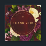 Winter flowers burgundy gold wedding thank you favour tags<br><div class="desc">Classy glamourous gold copper simple modern typography wedding thank you favour tag with two little gold copper hearts on a dark red wine burgundy antique distressed velvet circle against a vintage botanical purple plum and ivory cream floral bouquet.. Easy to personalize with your text! Ideal for stylish formal blacktie business...</div>