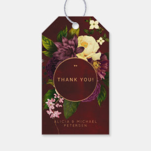 Winter flowers burgundy gold wedding thank you gift tags