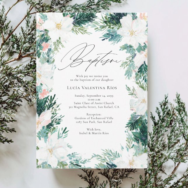 Winter Flowers Elegant Wreath Poinsettia Baptism Invitation (Creator Uploaded)