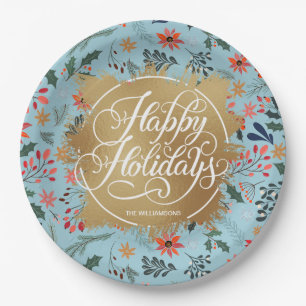 Winter Flowers Gold Faux Foil Happy Holidays Paper Plate