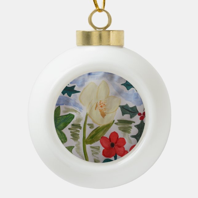Winter Flowers & Holly Ceramic Ornament (Front)