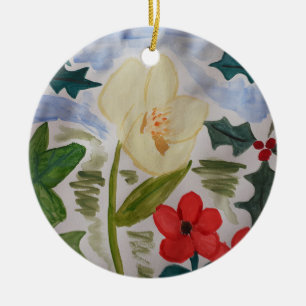 Winter Flowers & Holly Ceramic Ornament