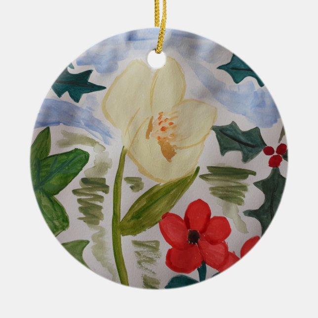 Winter Flowers & Holly Ceramic Ornament (Front)