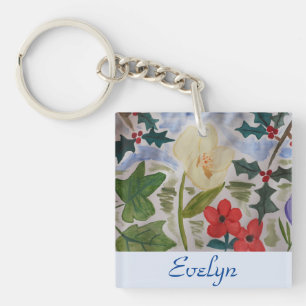 Winter Flowers & Holly Christmas  Keychain