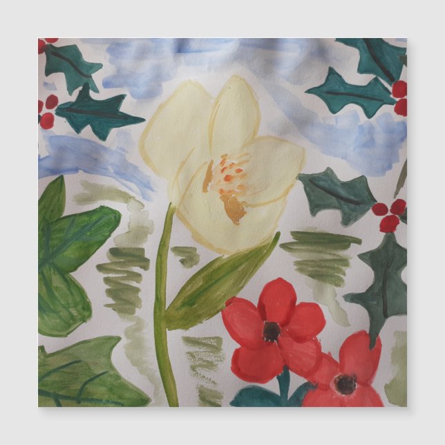Winter Flowers & Holly Magnetic Card (Front)