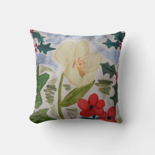 Winter Flowers & Holly Throw Pillow
