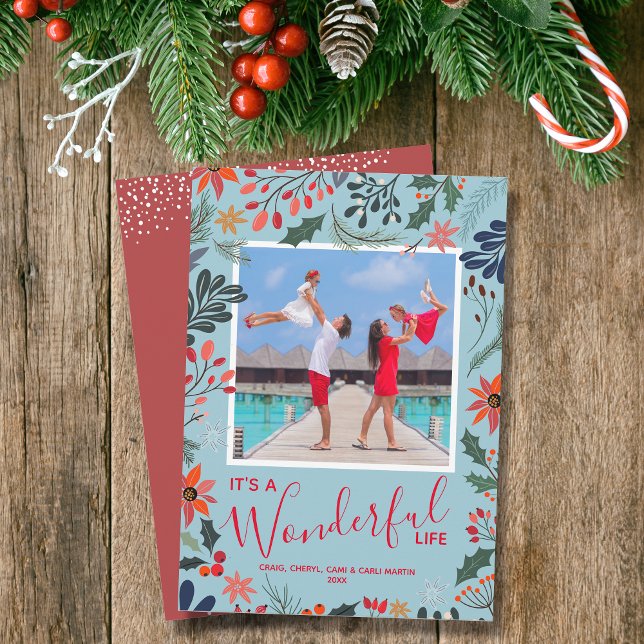 Winter Flowers Photo Christmas Holiday Card (Winter flowers and snowflakes Christmas holiday photo cards)