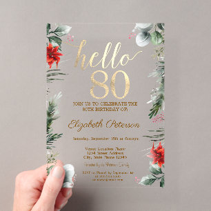 Winter Flowers Poinsettia 80th Birthday Acrylic Invitations