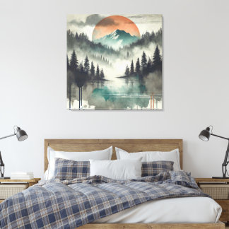 Winter Fog Mountain Forest Landscape Orange sun Canvas Print