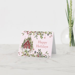 Winter Foliage and Berries Pink Christmas Card