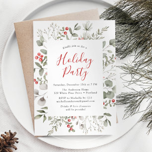 Winter Foliage and Holly Berries Holiday Party Invitation