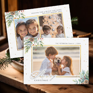 Winter Foliage Gold Frame Kids Photo Christmas Holiday Card