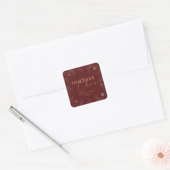 Winter Foliage Holiday Cheer Red and Gold Monogram Square Sticker (Envelope)