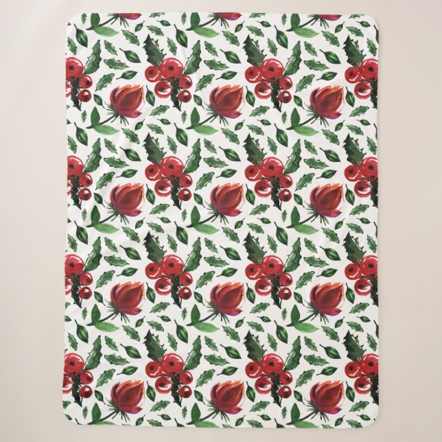 Winter Foliage Holly Berries Botanical Sherpa Blanket (Front)