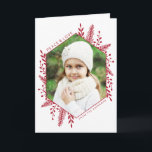Winter Foliage Photo Holiday Greeting Card<br><div class="desc">This stunning Christmas photo greeting card features a hexagonal frame to showcase your favourite photo. Delicate foliage in red adds decoration over a white background. All text fields can be customized.</div>