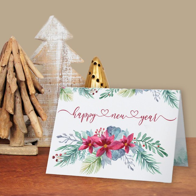 Winter Foliage Poinsettia Watercolor New Year Holiday Card (Happy New Year Card. Buy professionally printed or as a printable digital download.)