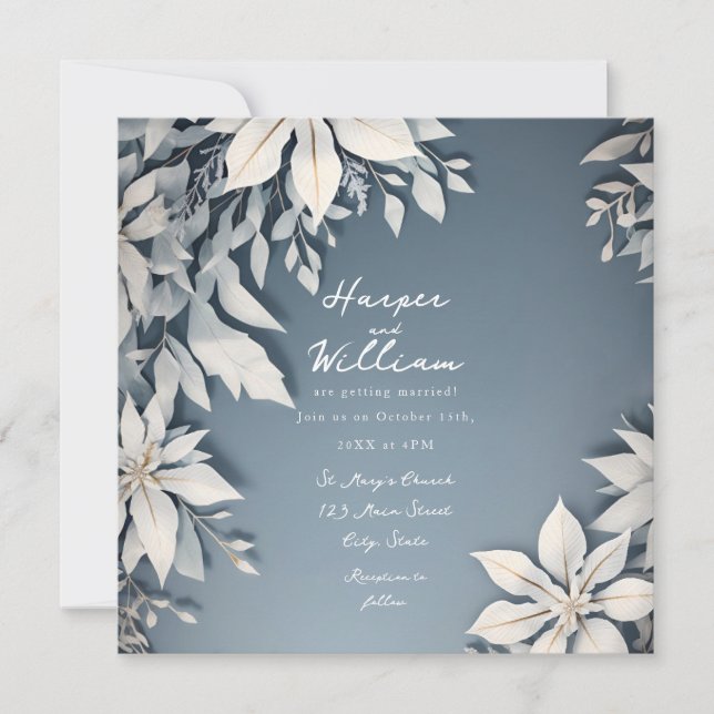 Winter foliage white and blue wedding invitation (Front)