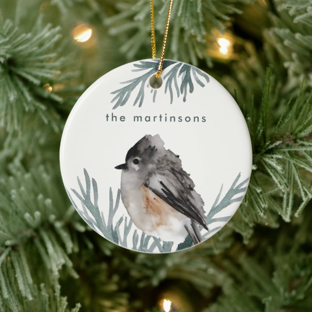 Winter Foliage with Cozy Bird and Name Christmas Ceramic Ornament (Tree)