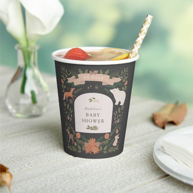 Winter Foliage Woodland Animals Navy Baby Shower Paper Cups (Insitu)