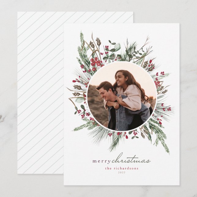 Winter Foliage Wreath Christmas Photo Card (Front/Back)