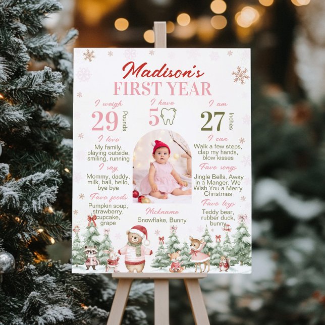 Winter Forest Animal Girl Birthday Milestone Photo Poster (Creator Uploaded)