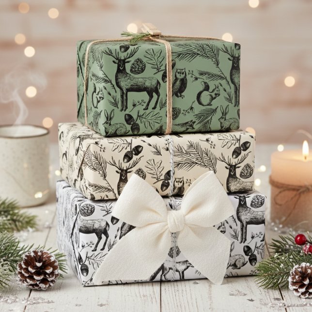 Winter Forest Animals and Leaves Wrapping Paper Sheet (Rustic Nature Inspired Winter Forest Animals Wrapping Paper for Christmas, Woodland Party & Birthday)
