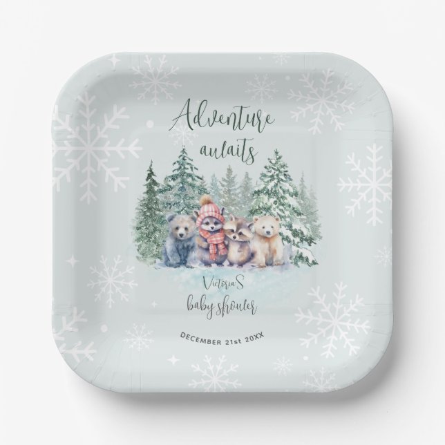 Winter Forest Animals In Snow Baby Shower Paper Plate (Front)