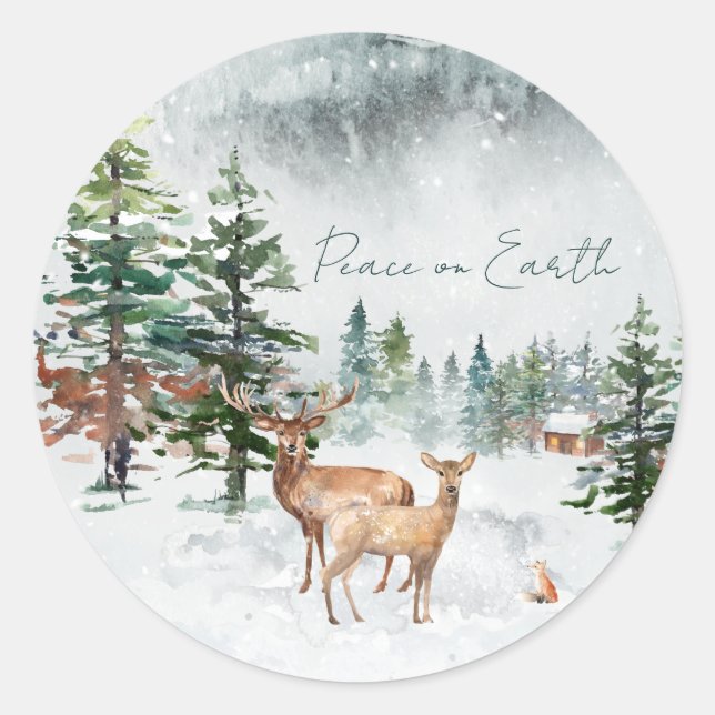 Winter Forest Animals Peace On Earth Christmas Classic Round Sticker (Front)