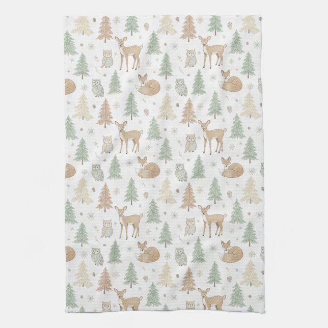 Winter Forest Animals Seamless Pattern Kitchen Towel (Vertical)