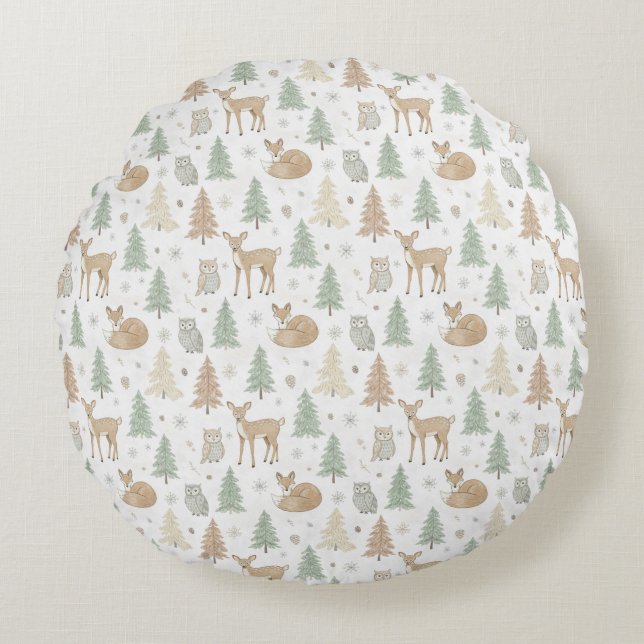 Winter Forest Animals Seamless Pattern Round Pillow (Front)