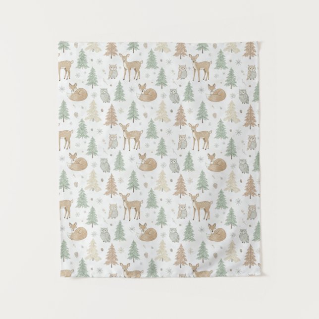Winter Forest Animals Seamless Pattern Tapestry (Front)