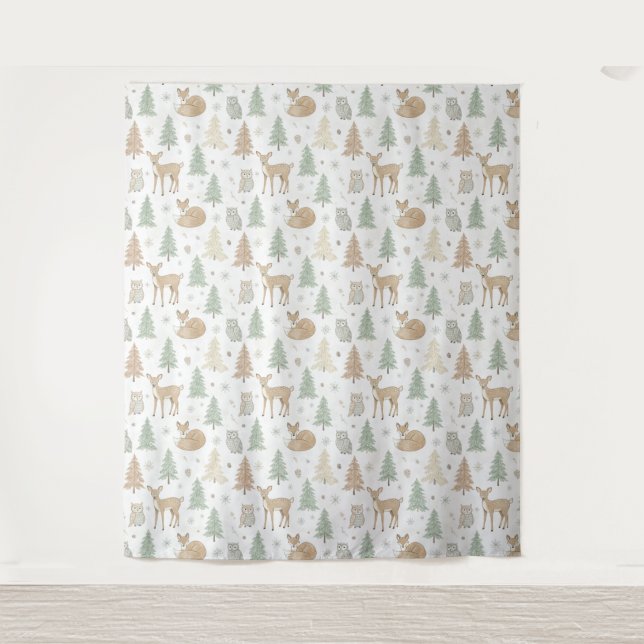 Winter Forest Animals Seamless Pattern Tapestry (Front)