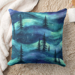 Winter Forest Aurora Pattern Throw Pillow