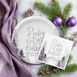 Winter Forest Baby Shower Paper Plate<br><div class="desc">Custom printed baby shower paper plates in a pretty feminine colour palette of muted purples and greys. This sweet design features a forest of watercolor evergreen trees and modern hand lettering style script that says Baby It's Cold Outside - perfect for a rustic winter baby shower theme. Personalize it with...</div>